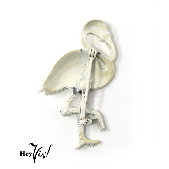 Vintage Flamingo Pin Iridescent White Enamel w Detailed Look 2" tall - Hey Viv - Picture 2 of 3